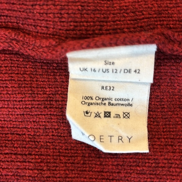 Poetry long cardigan,organic cotton,chili red, long,front pockets, size 12 - Picture 3 of 9